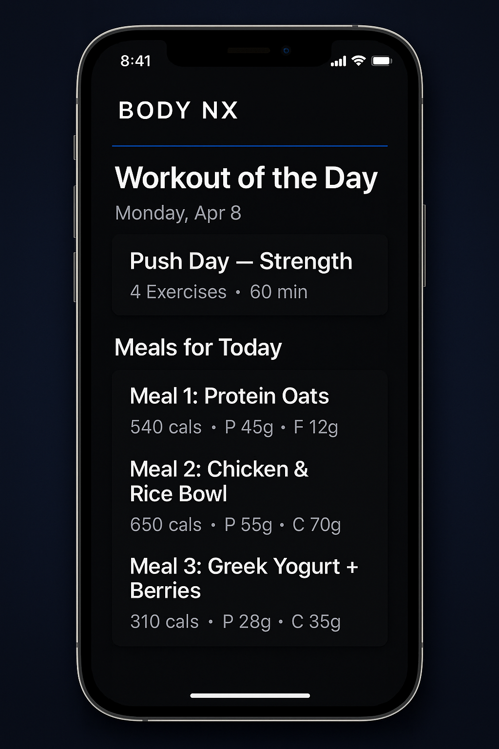 BODY NX app interface hero mockup